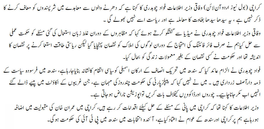 دھرنے کے شرپسندوں کو معافی نہیں ، یہ بغاوت ہے اور ریاست اسے نہیں بھولے گی، فواد چوہدری